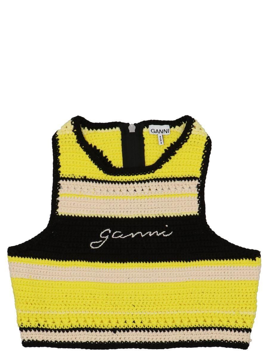 Ganni Crochet Logo Bikini Top in Yellow Lyst