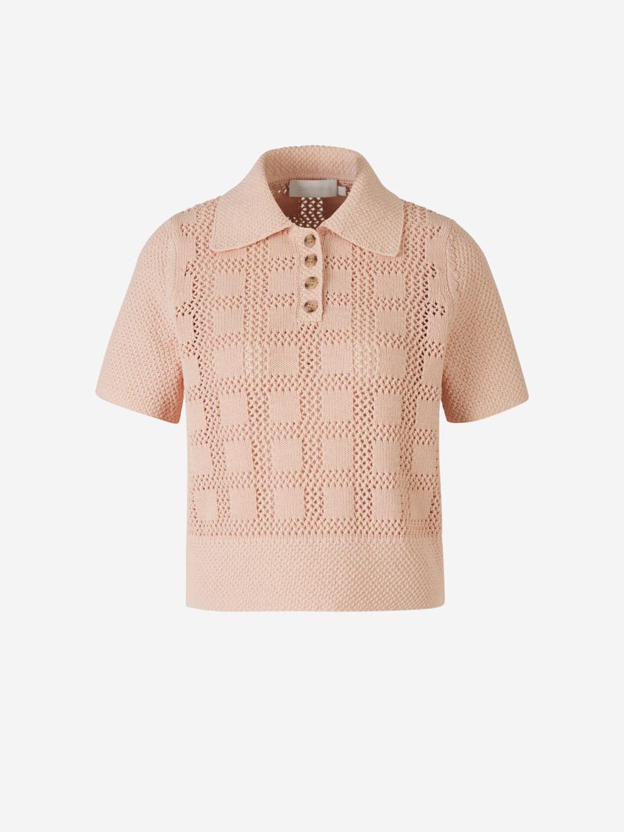 Perisol Pink Crochet Knit Polo Top – Retro Zig-Zag Chic
