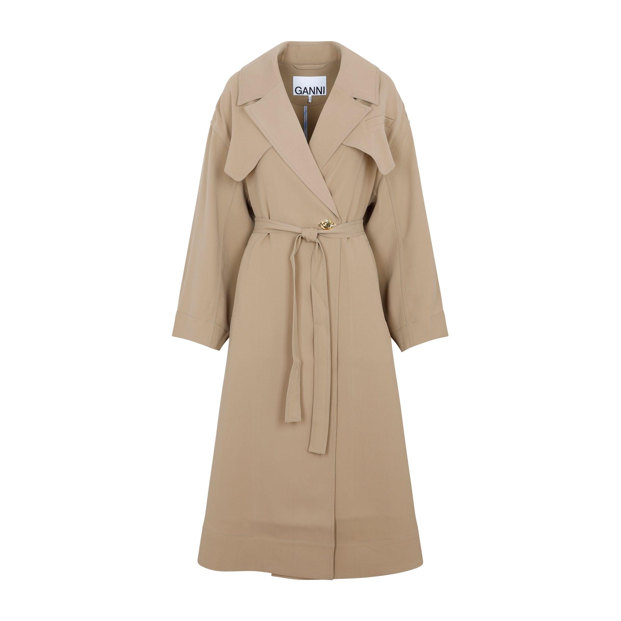 Ganni Drapey Trench Long Jacket Coat in Natural | Lyst