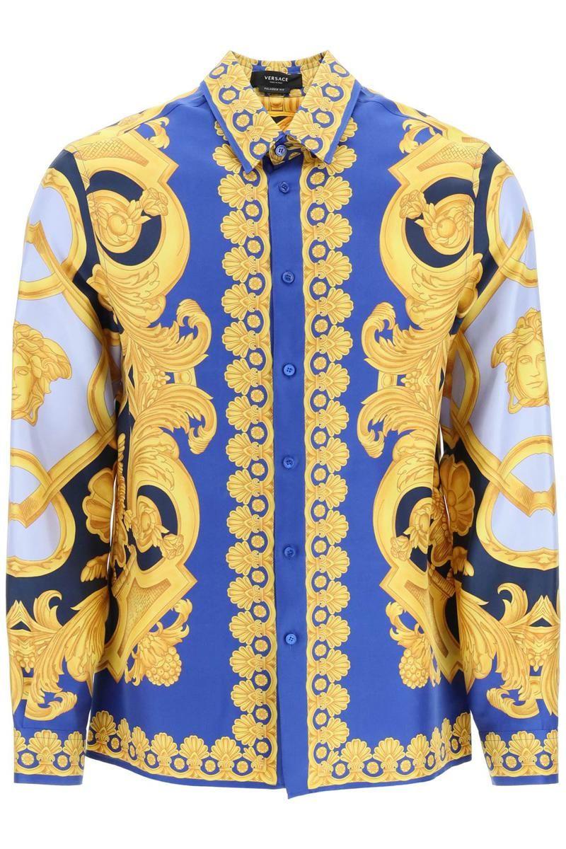 Versace Barocco Print Silk Long Sleeve Shirt In Caramel