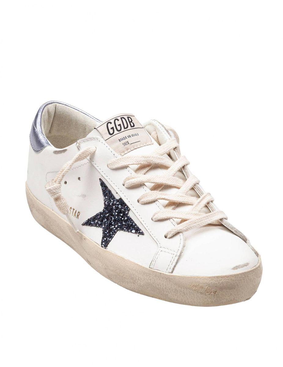 スニーカー GOLDEN  WHITE AND LILAC LEATHER SUPER STAR SNEAKERS Super-Star Young with lilac leather star and glitter heel tab