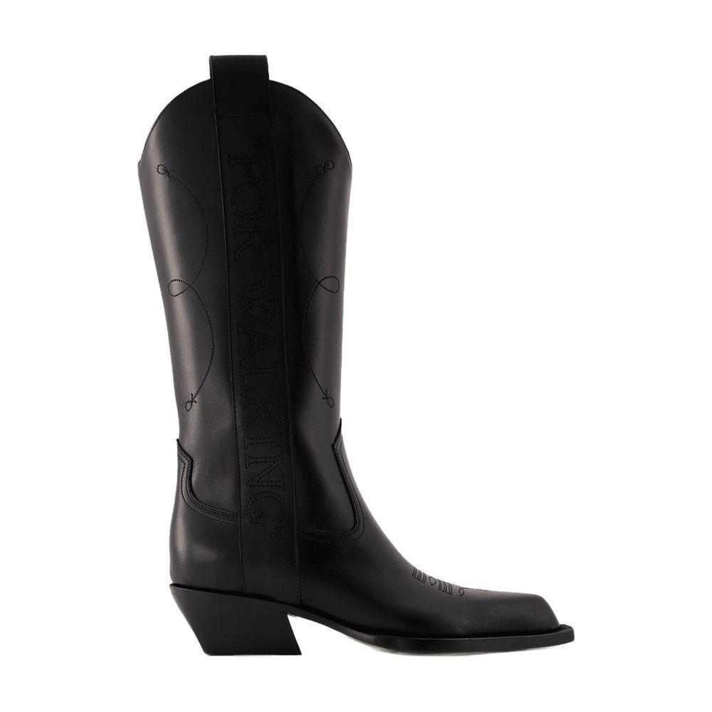 ロングブーツ OFF WHITE Black Leather For Walking Boots Off-White Black For Walking Knee-High Boots Off-White