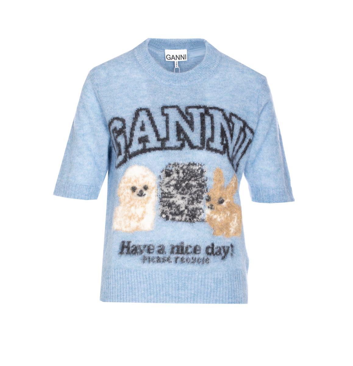 【関税＆送料込み】Ganni Puppies Wool T-Shirt Ganni Logo Puppies T-Shirt in Blue | Lyst Canada