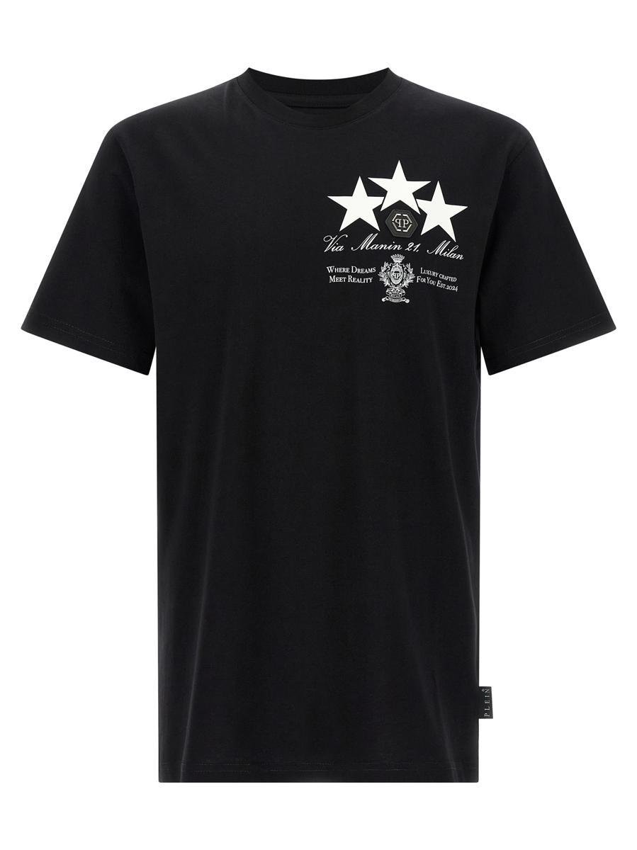 Tシャツ・カットソー Philipp Plein Short Sleeve Patches T-Shirt Philipp Plein Men's Black Short Sleeve Logo Print Crewneck T