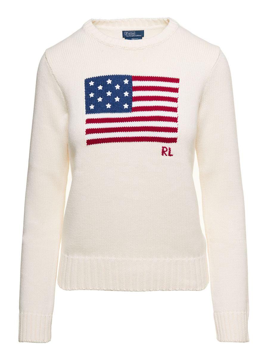 Polo Ralph Lauren Flag Round Neck Pull Cotton in White | Lyst