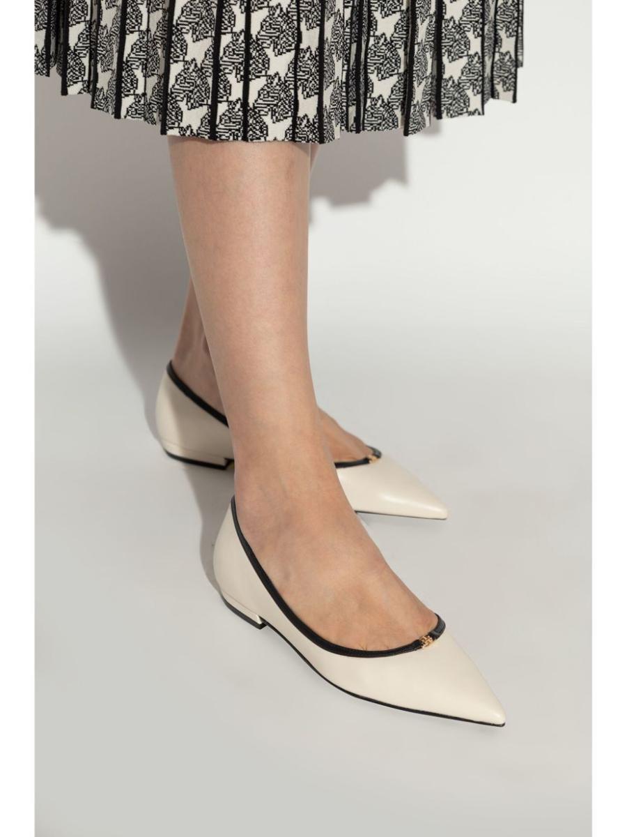 Tory Burch Double T Buckle Pointed Toe Flat Shoes in Natural