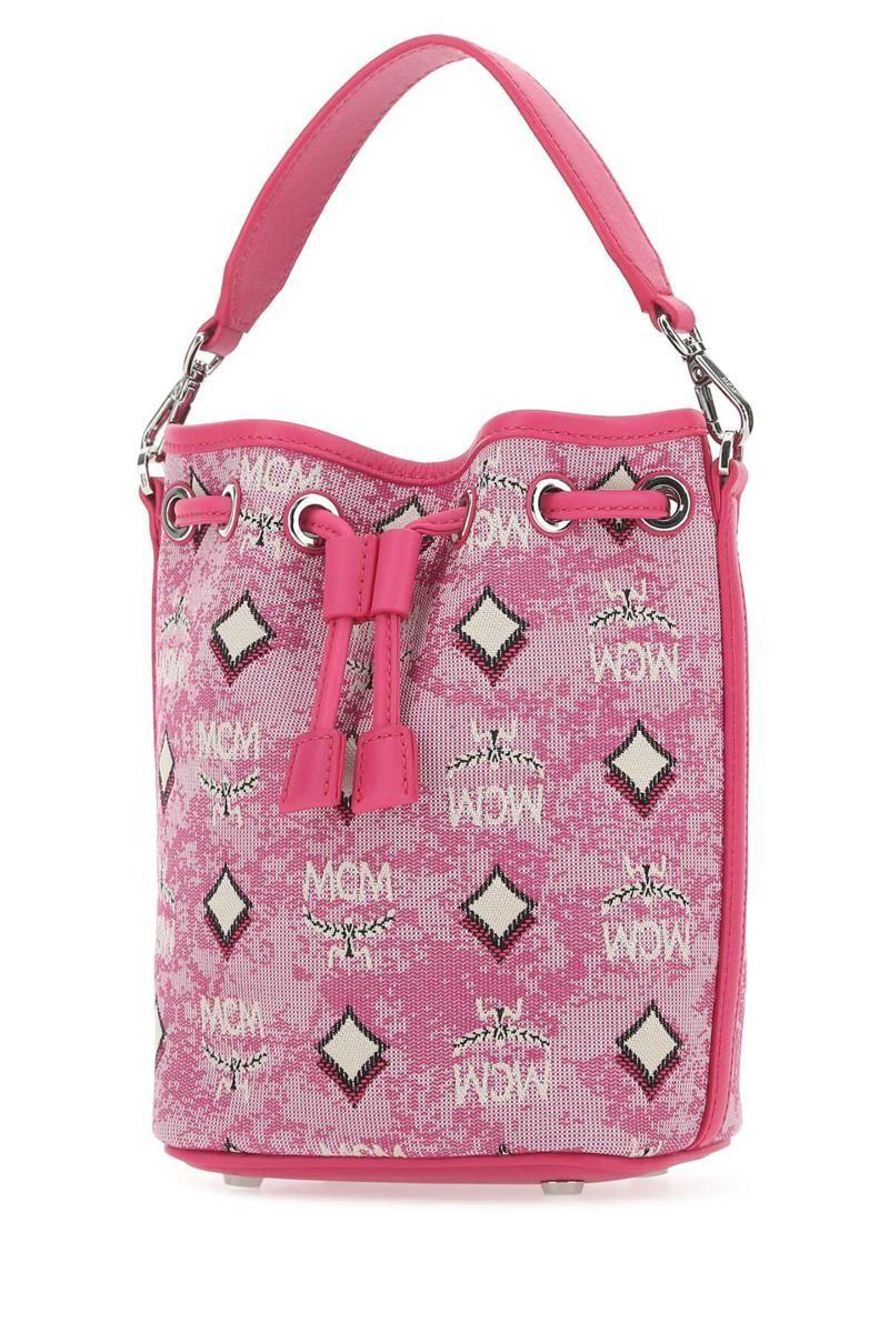 MCM Logo Print Bucket Bag in Pink