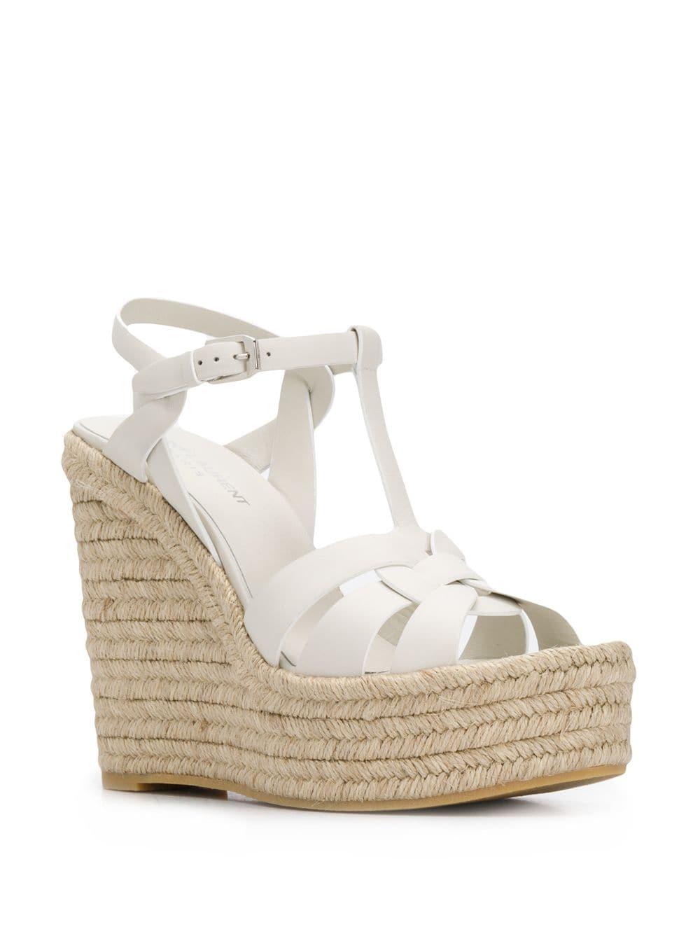 Saint Laurent Tribute Leather Espadrille Wedge Sandals in White 