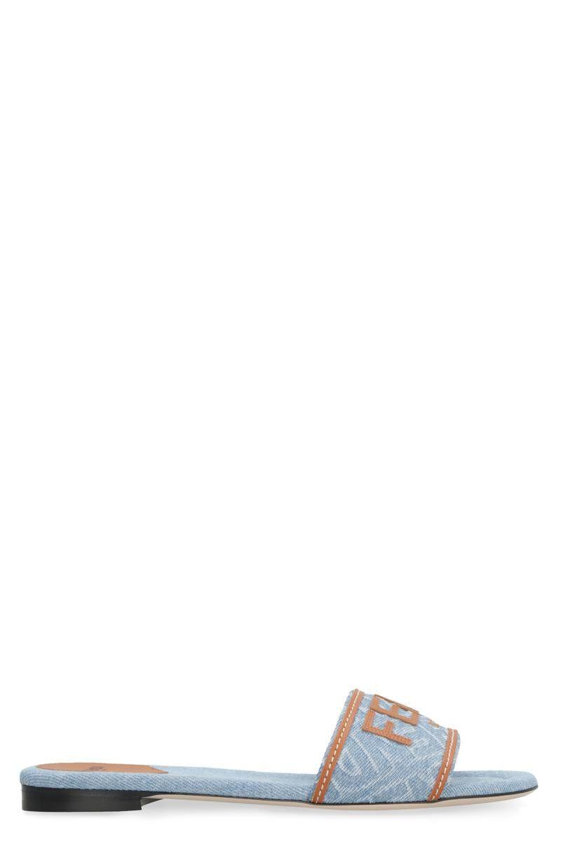 サンダル・ミュール Fendi `Ff` Denim Slides Fendi FF Embroidered Denim Dual Buckle Slide Sandals
