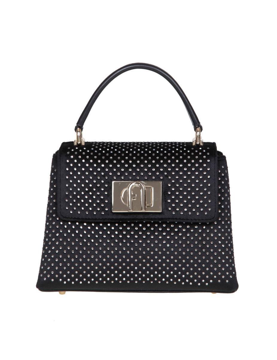 Furla 1927 Mini Top Handle In Velvet With Applied Strass in Black