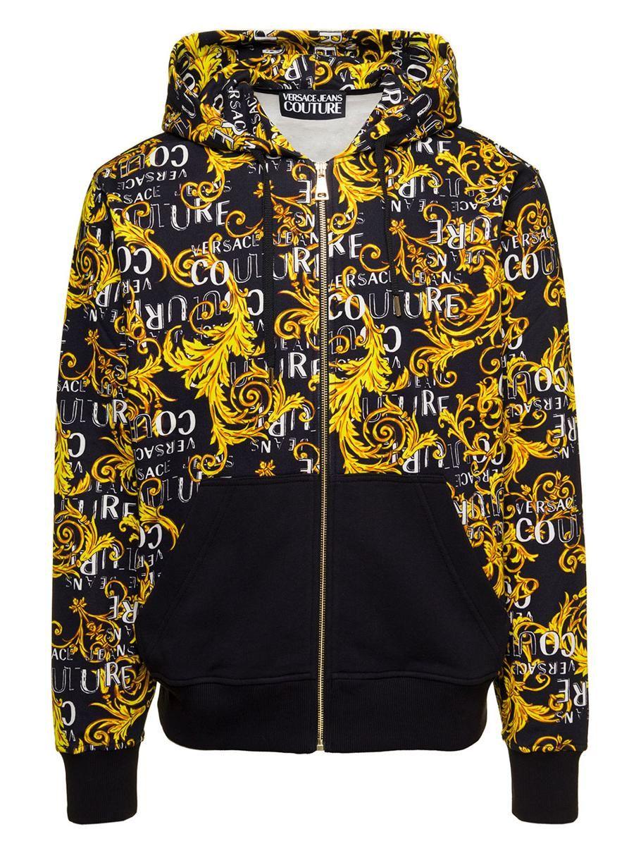 Versace Jeans Couture Baroque Logo Print Zip-up Hoodie In Cotton Man in  Black for Men | Lyst
