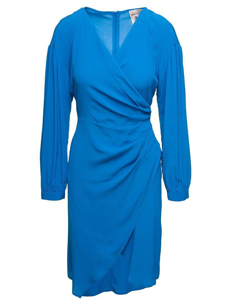 Semicouture Blue Mini Dress With 'v' Neckline And Long Sleeves In Acetate  Blend Woman | Lyst