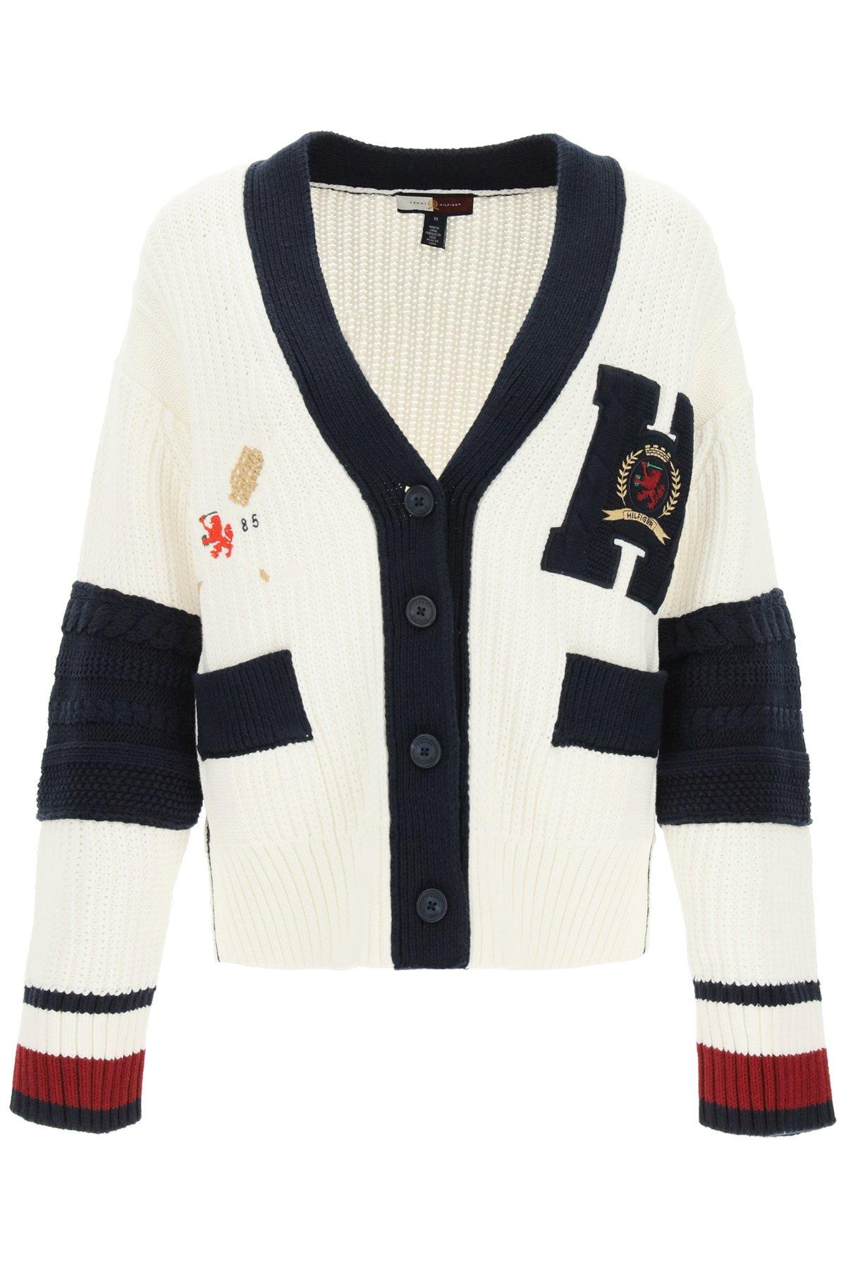 Tommy Hilfiger Letterman Knit Cardigan M Cotton in White,Blue 