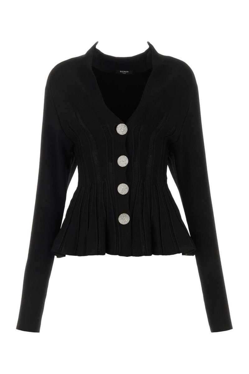 Balmain Ribbed Peplum Cardigan in Black Lyst