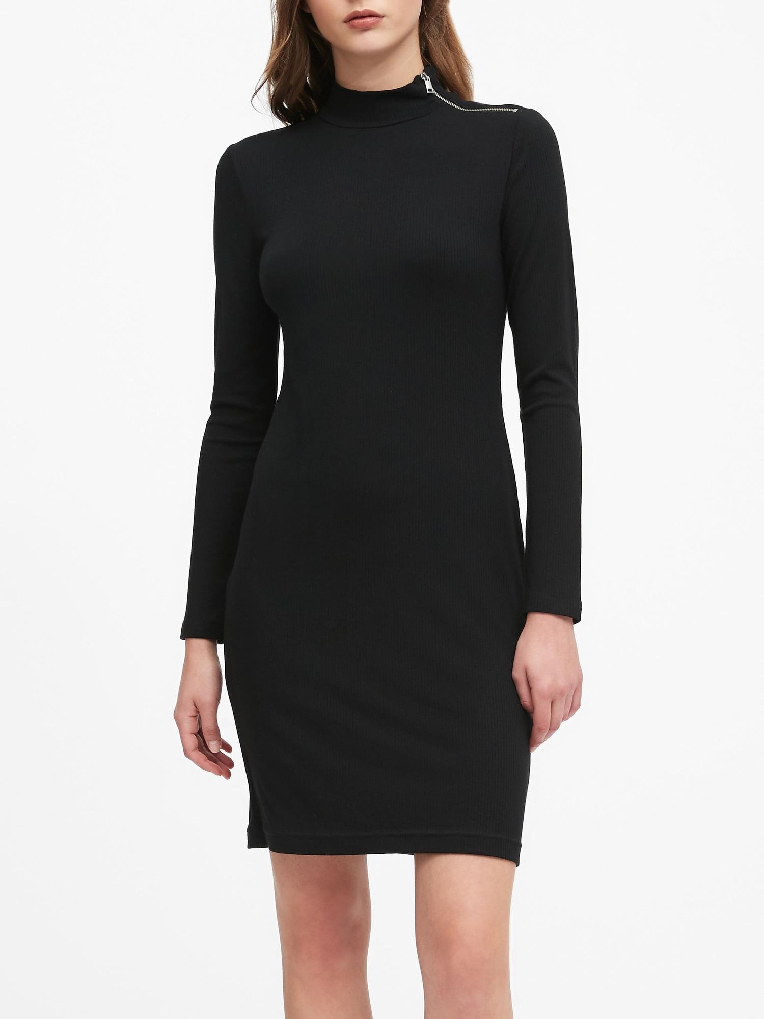 Banana Republic Turtleneck Ribbed-knit Dress With Zipper in Black - Lyst
