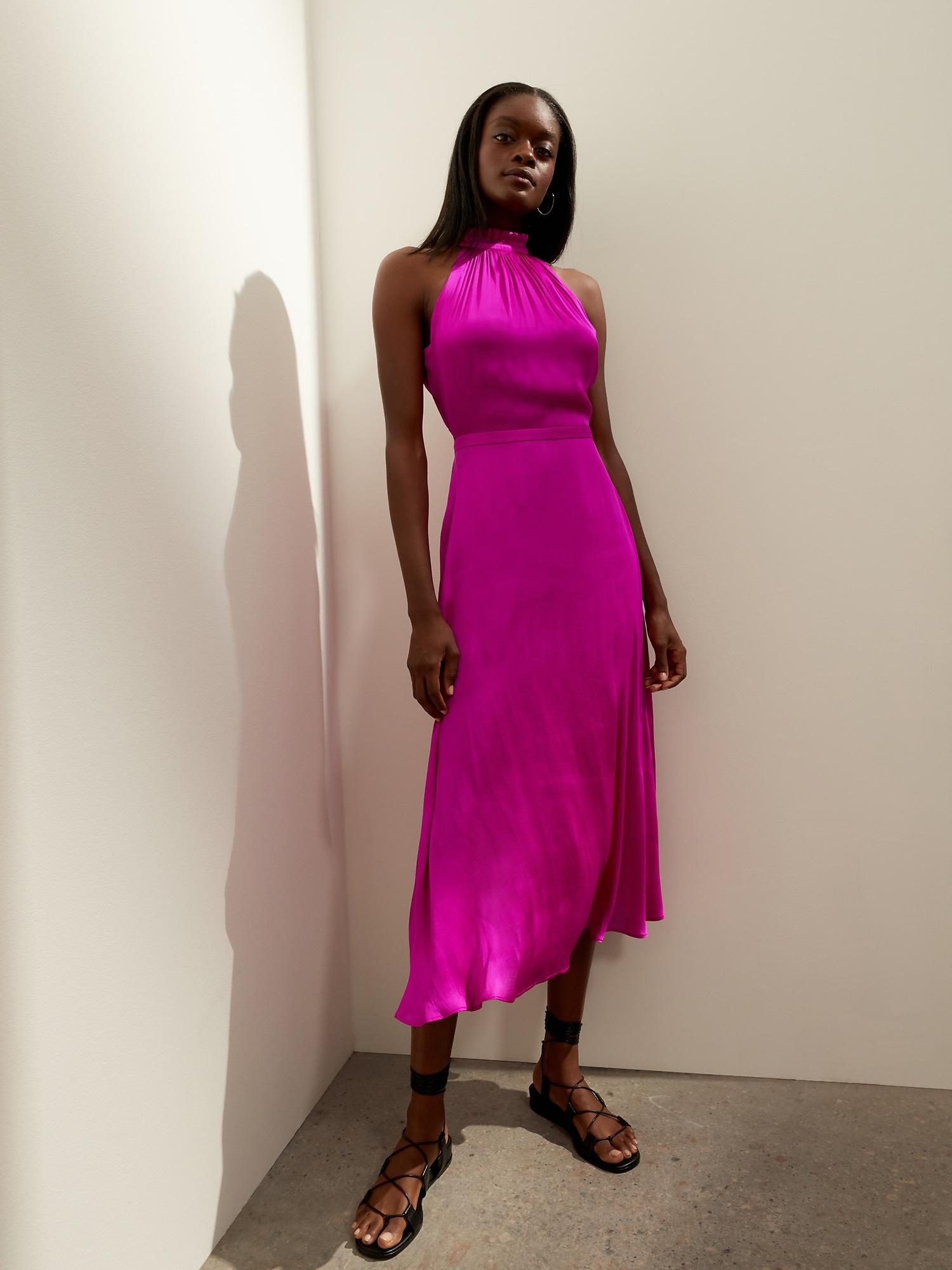 hot pink satin midi dress
