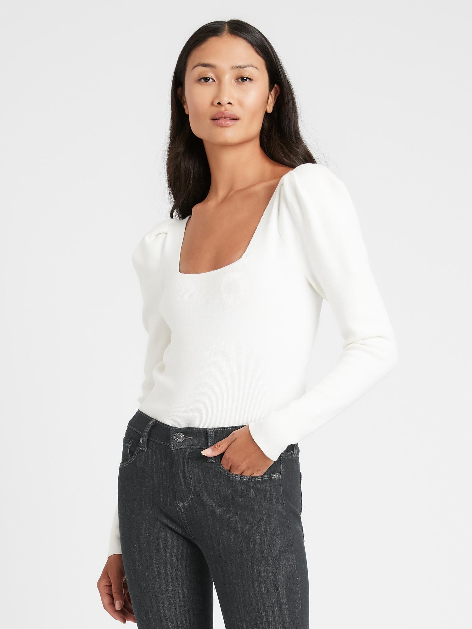 Banana Republic Petite Square-neck Puff-sleeve Sweater Top in White - Lyst