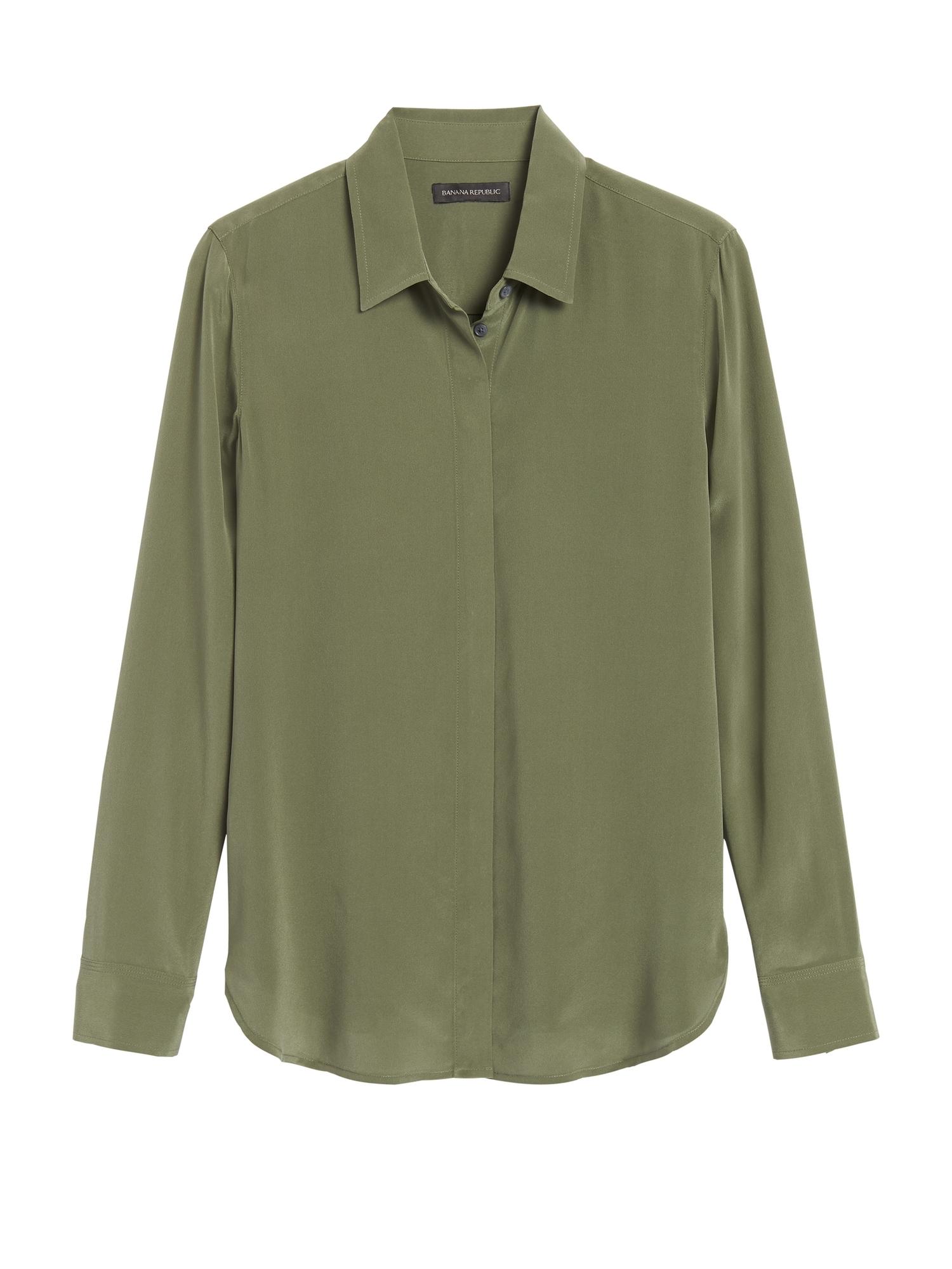 Washable Silk Shirt in Dark Olive Green 