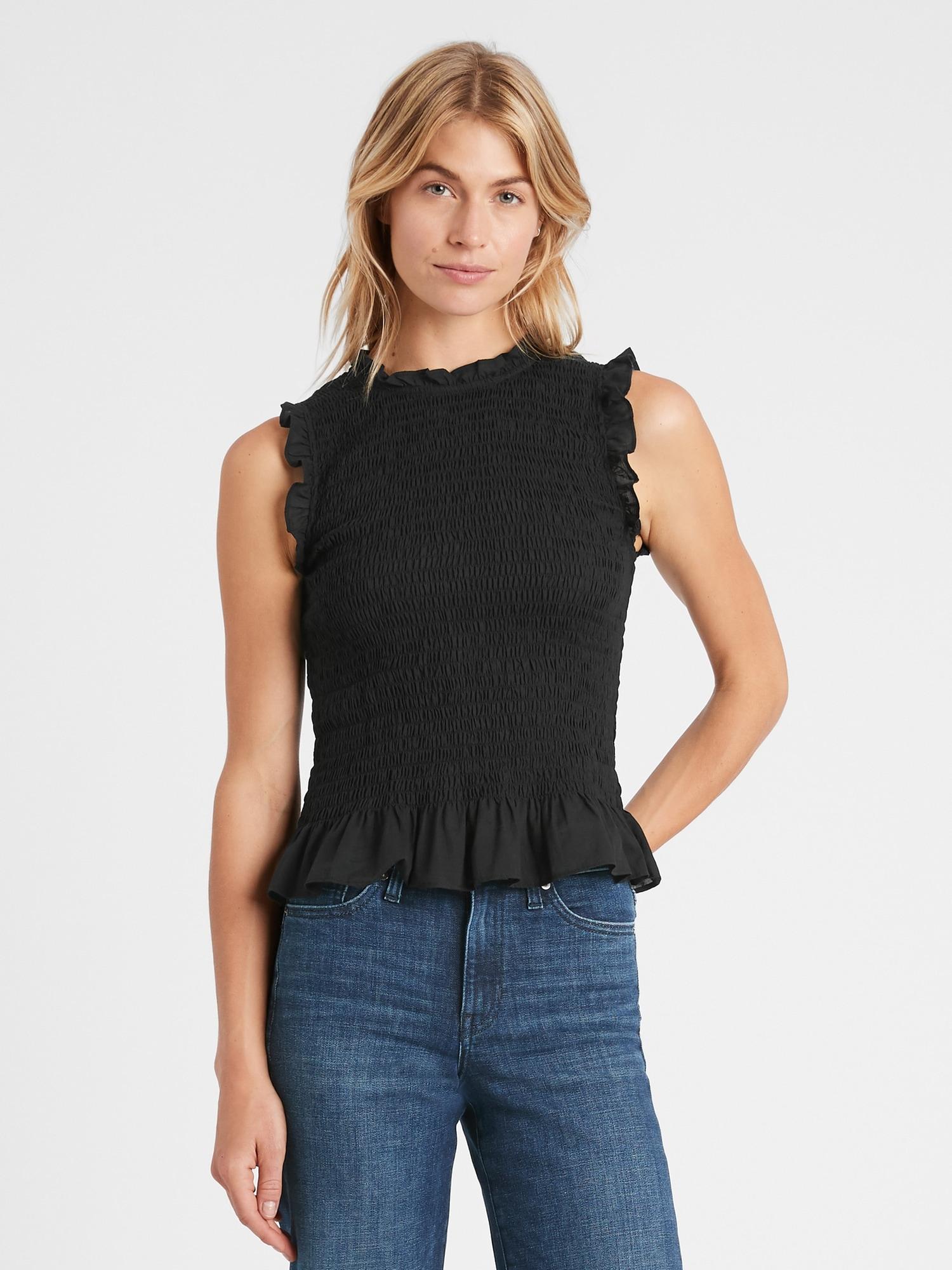 Banana Republic Organic Cotton Smocked Top  in Black Lyst