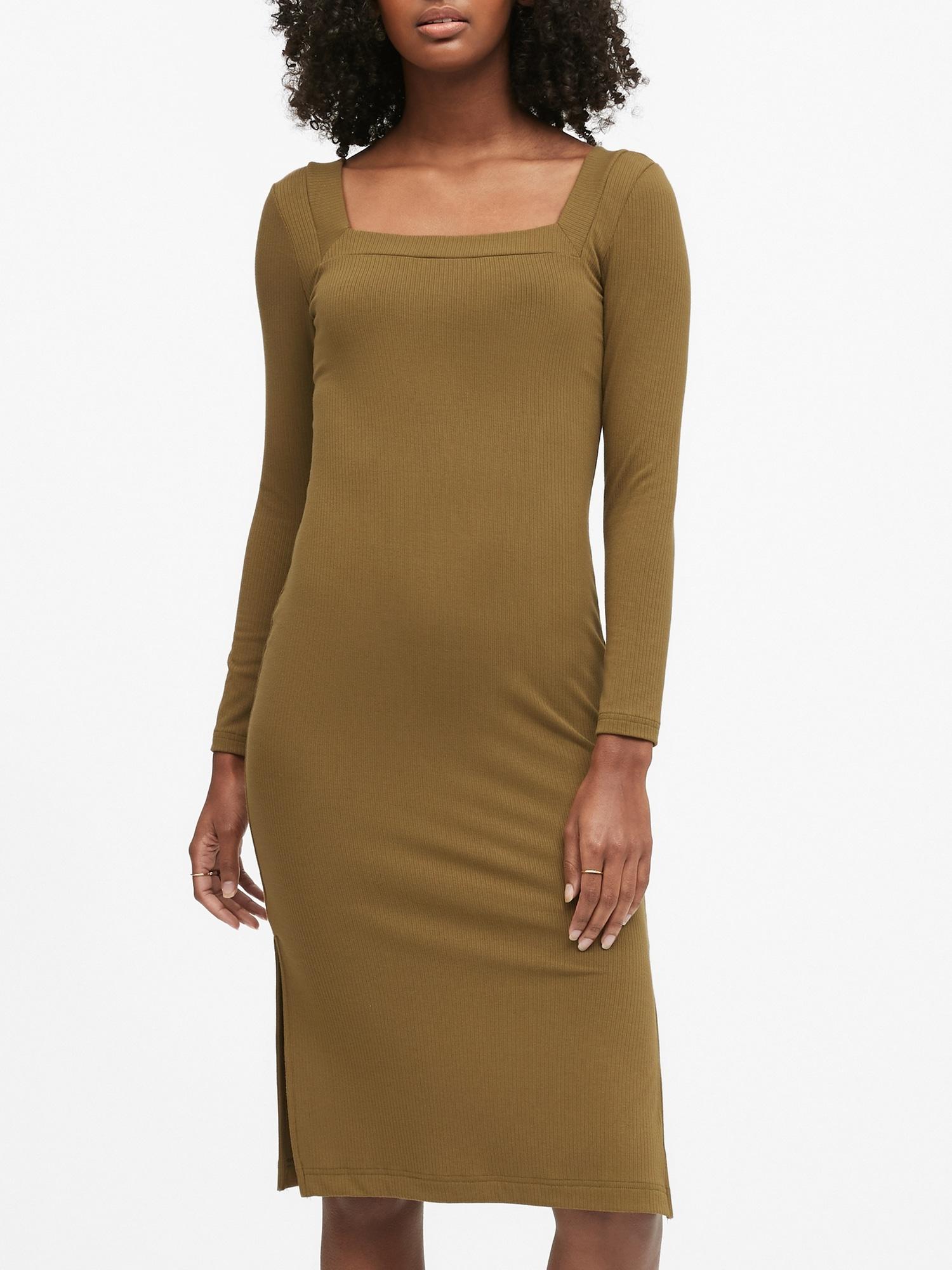 Banana Republic Petite Ribbed Square-neck Dress in Green - Save 25% - Lyst