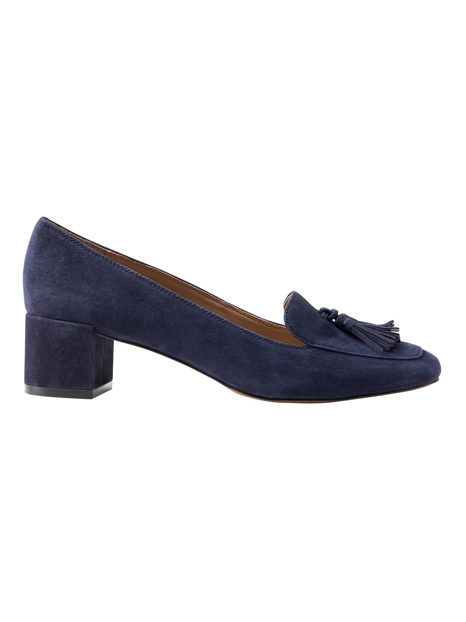 navy low block heels