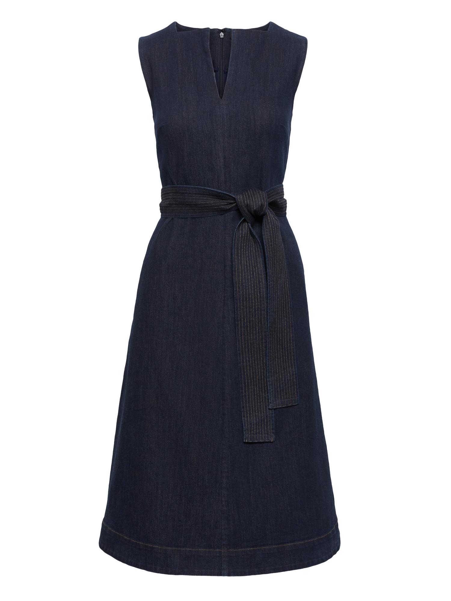 denim fit and flare midi dress