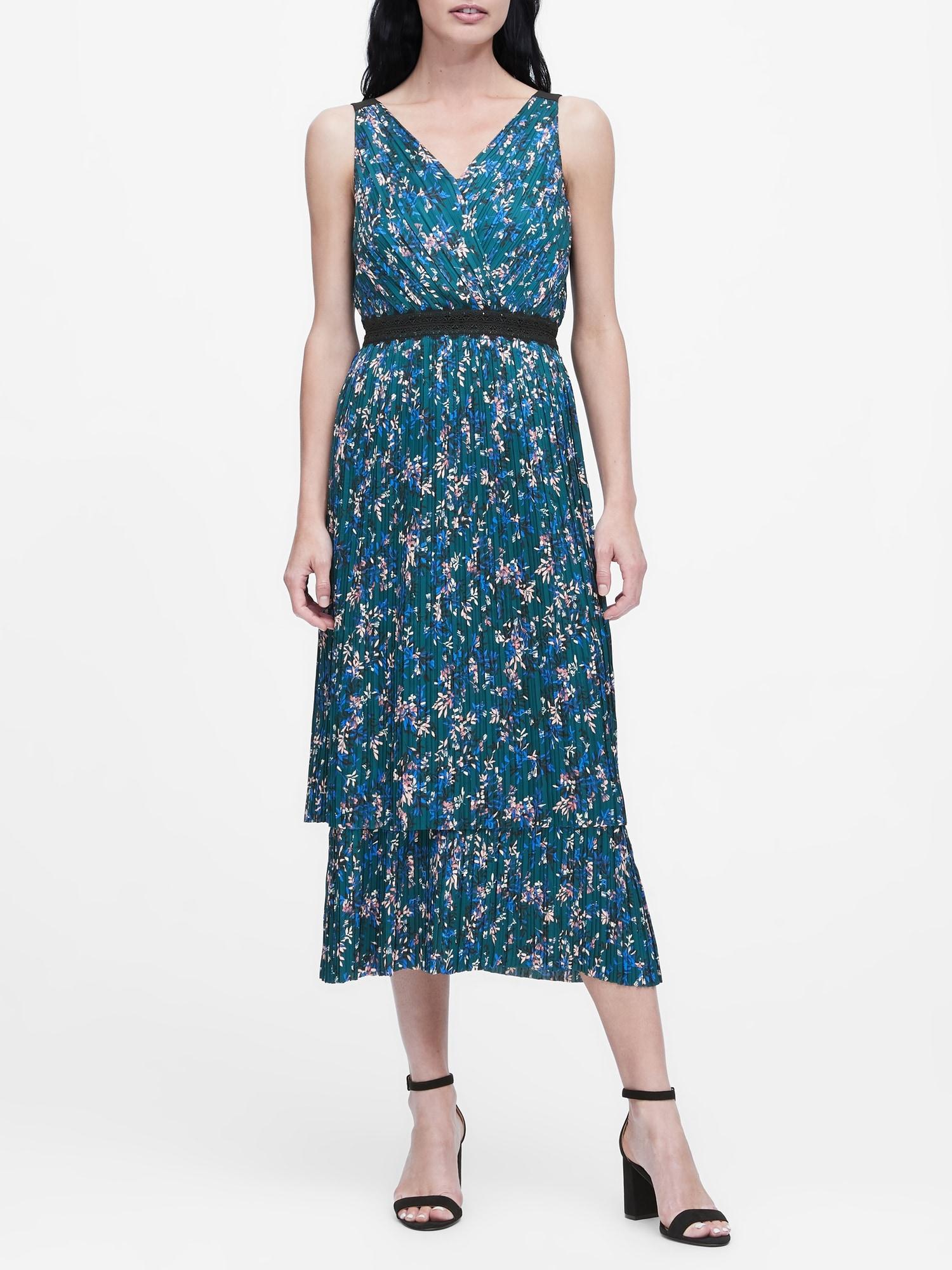 Banana Republic Lace Petite Pleated Tiered Midi Dress in Teal Green