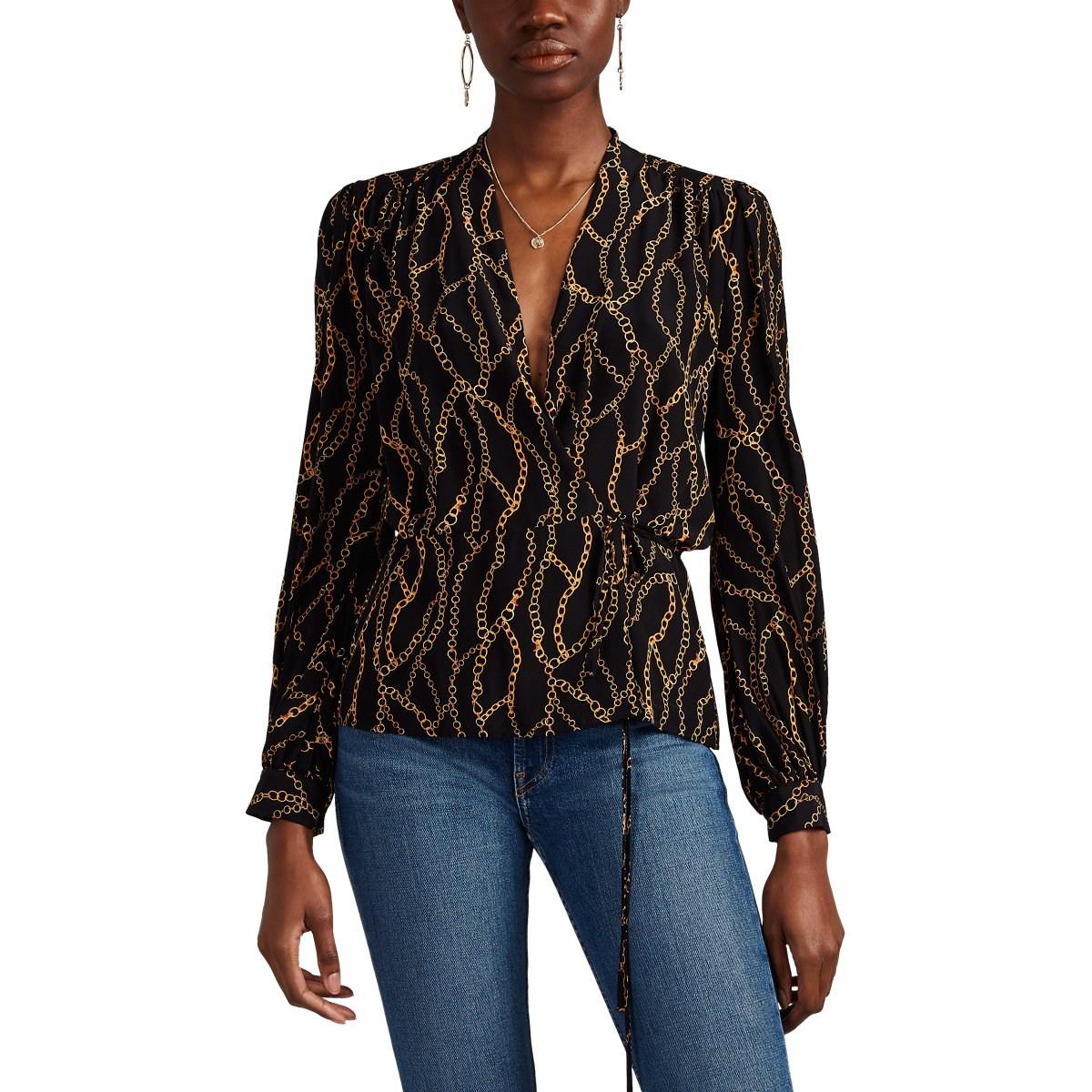 L'Agence Cara Chain-print Silk Wrap Blouse in Black - Lyst