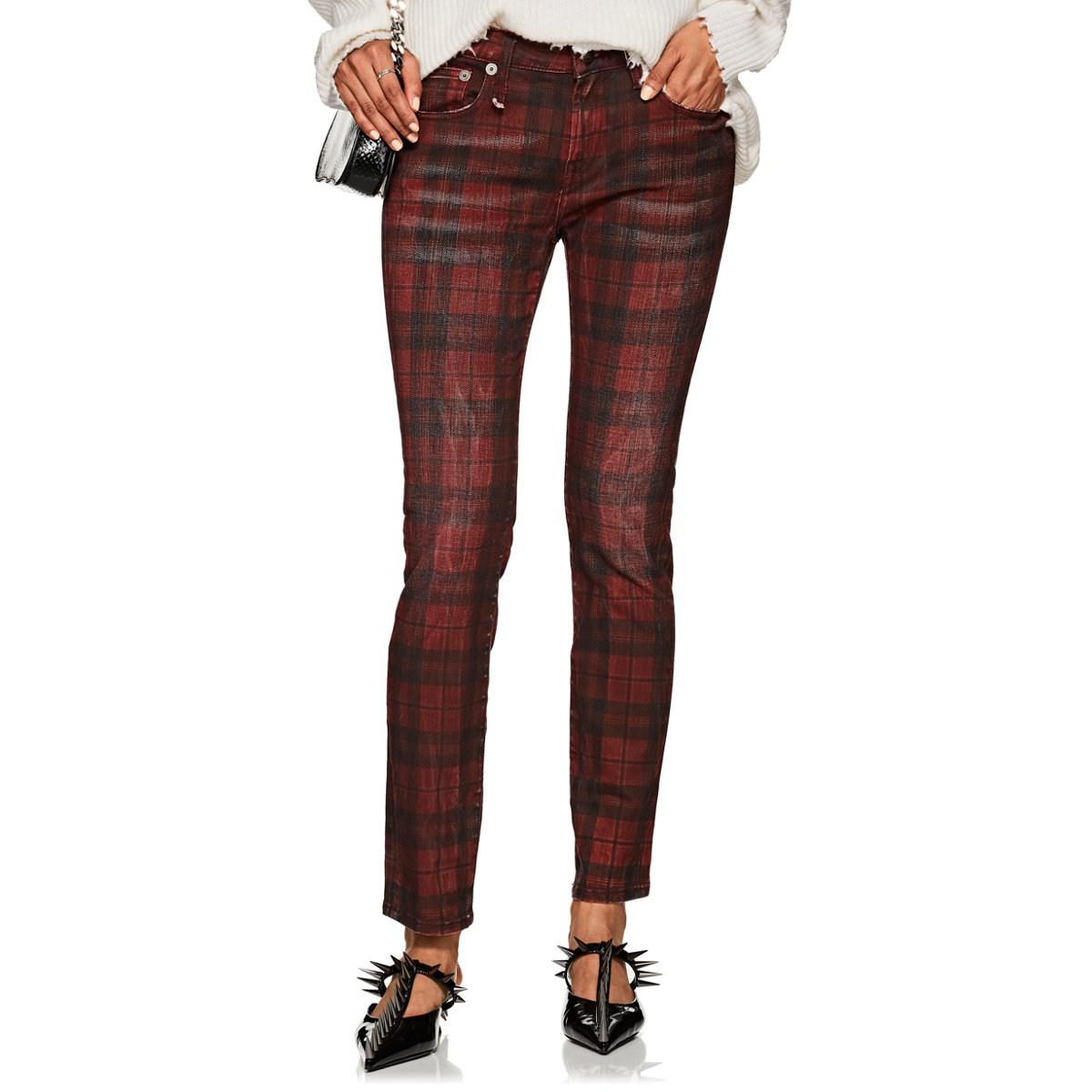 red plaid skinny jeans