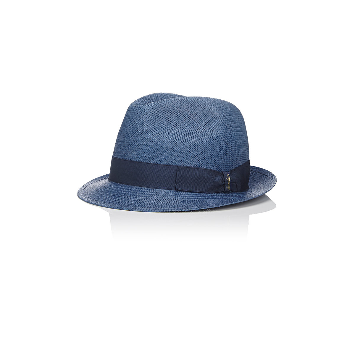 Blue straw hat Shantung Straw Fedora Hat is a stunning new addition to Carlos Santana's eclectic collection of straw fedora hats. Blocked into a classic pinch front fedora style, the Brahman boasts a lightly vented navy blue crown offset with striking diagonal, natural-toned