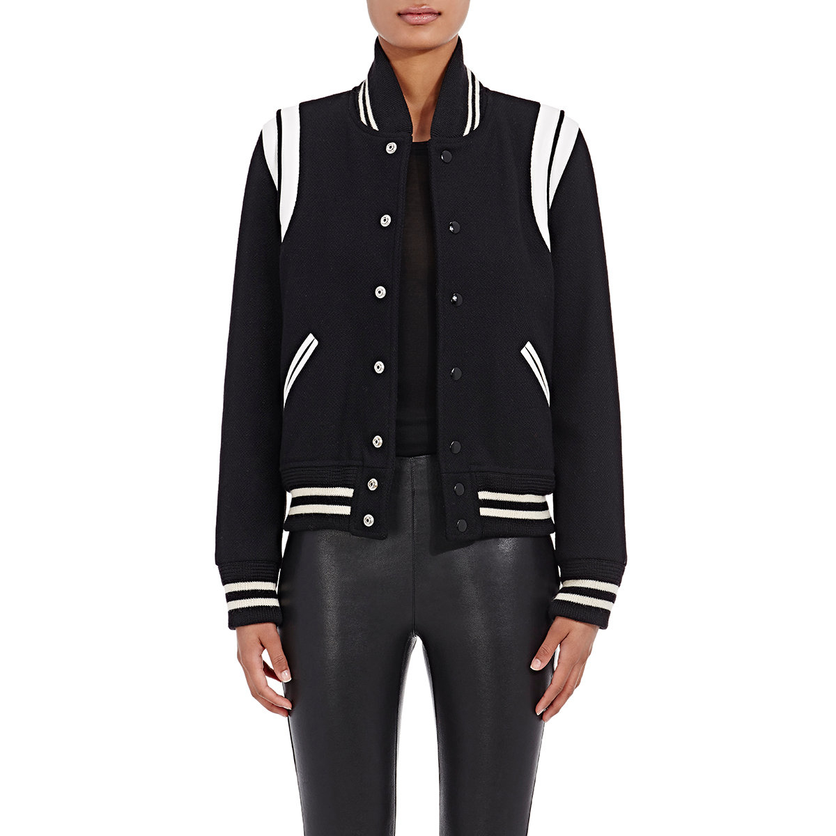 Saint laurent Teddy LeatherTrimmed Wool Varsity Jacket in Black Lyst