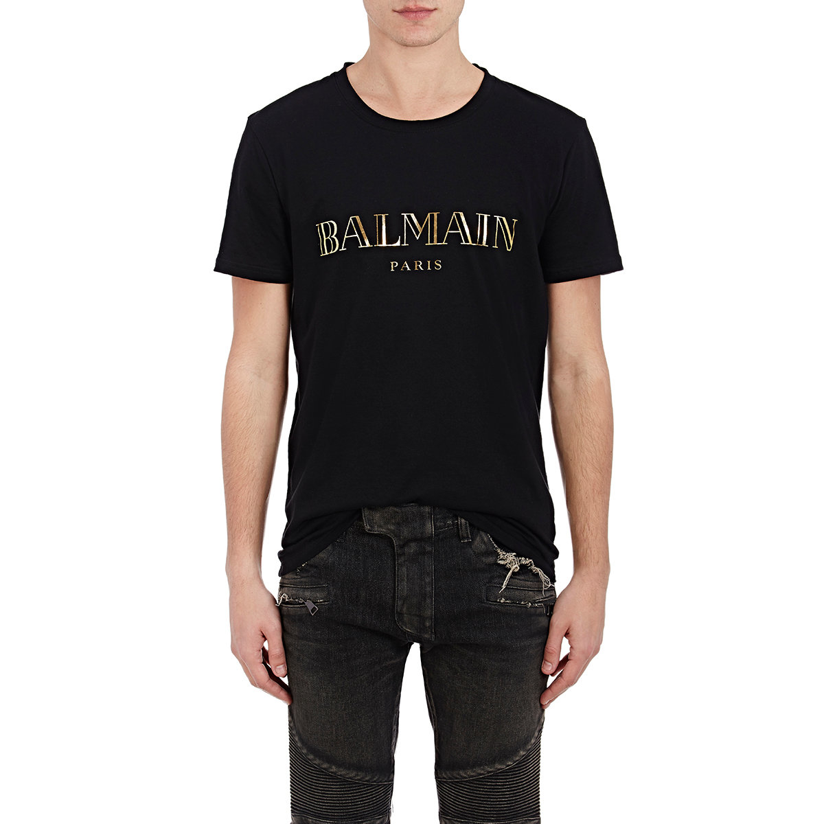 Get Black Cotton T Shirt With Gold Balmain Logo Print Gif