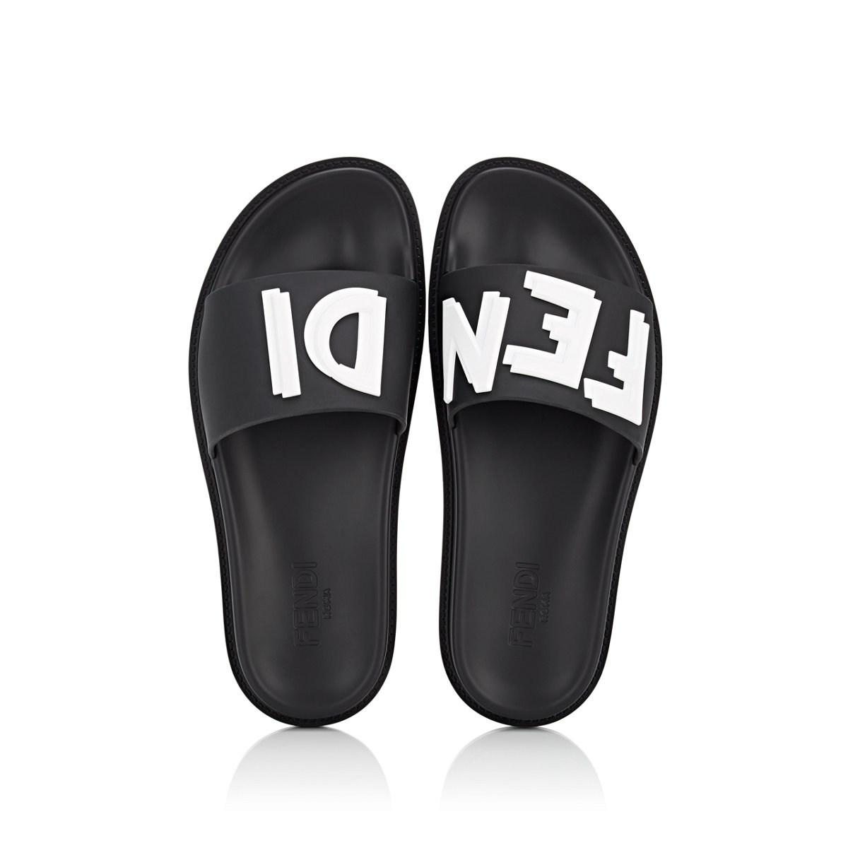 Fendi Fur Logo Print Pool Slides in Black for Men - Lyst