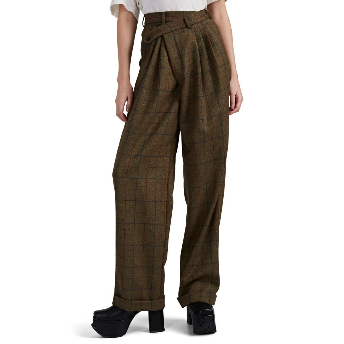 R13 Crossover Plaid Wool Pleated Trousers in Brown Lyst