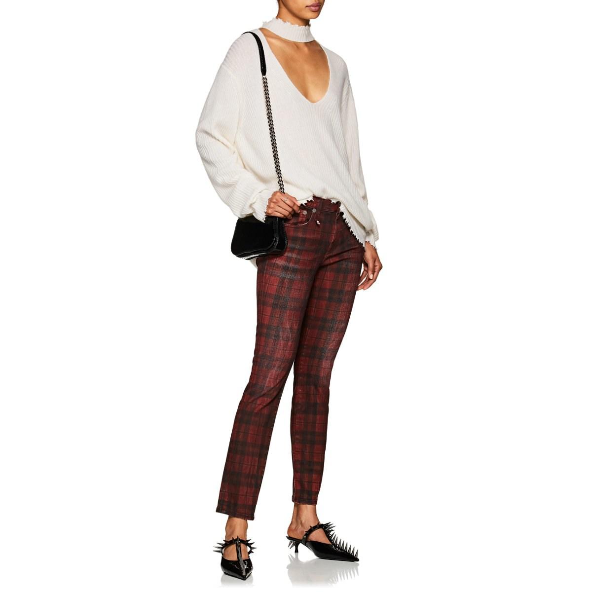 red plaid skinny jeans