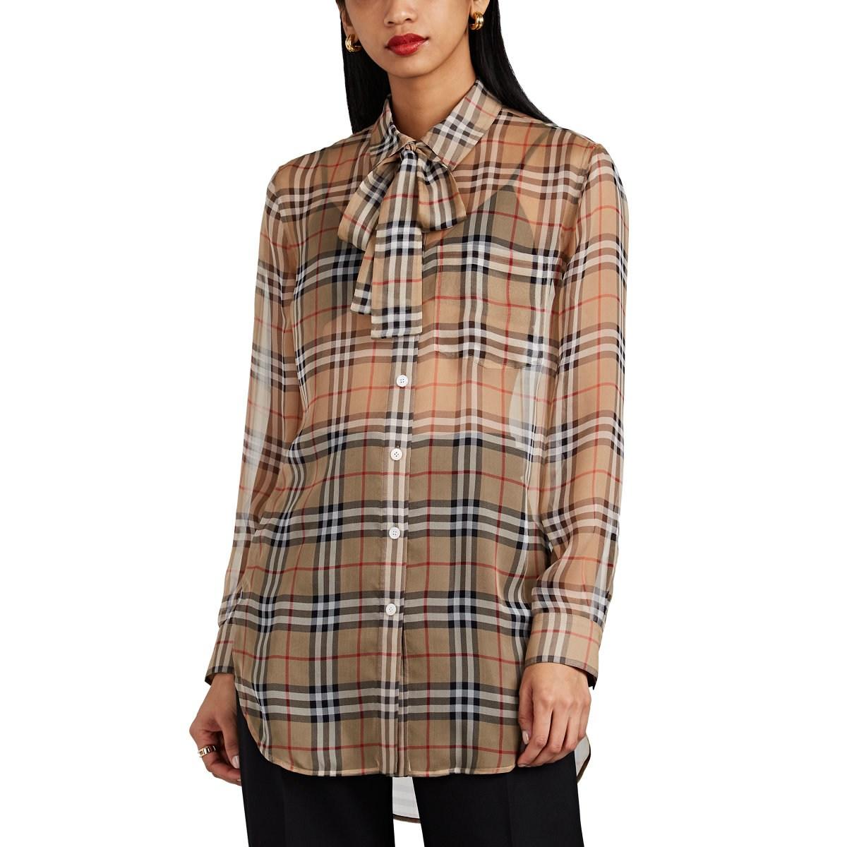 Burberry Heritage-checked Silk Tieneck Blouse in Beige (Natural) - Lyst