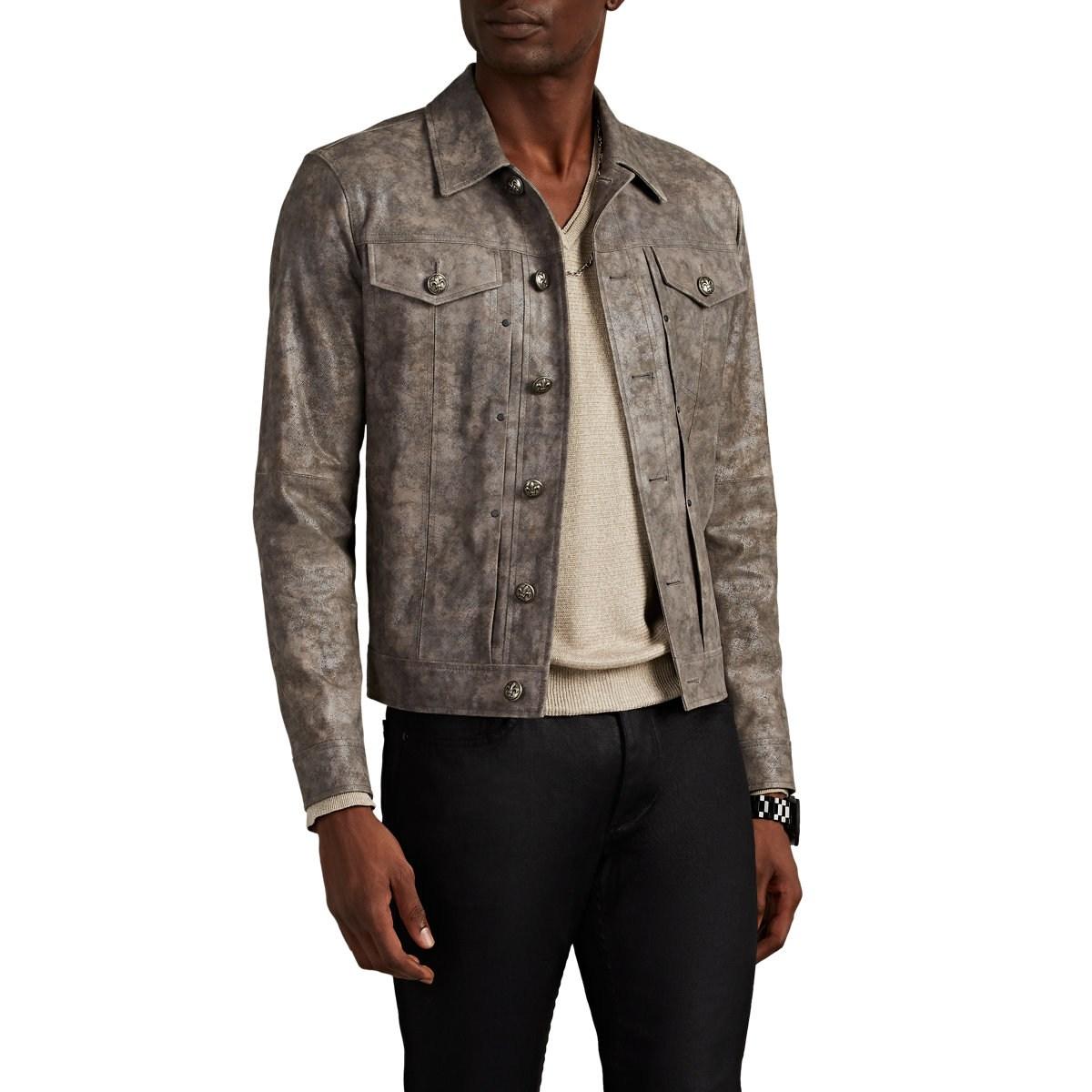 John Varvatos Leather Trucker Jacket in Gray for Men Lyst