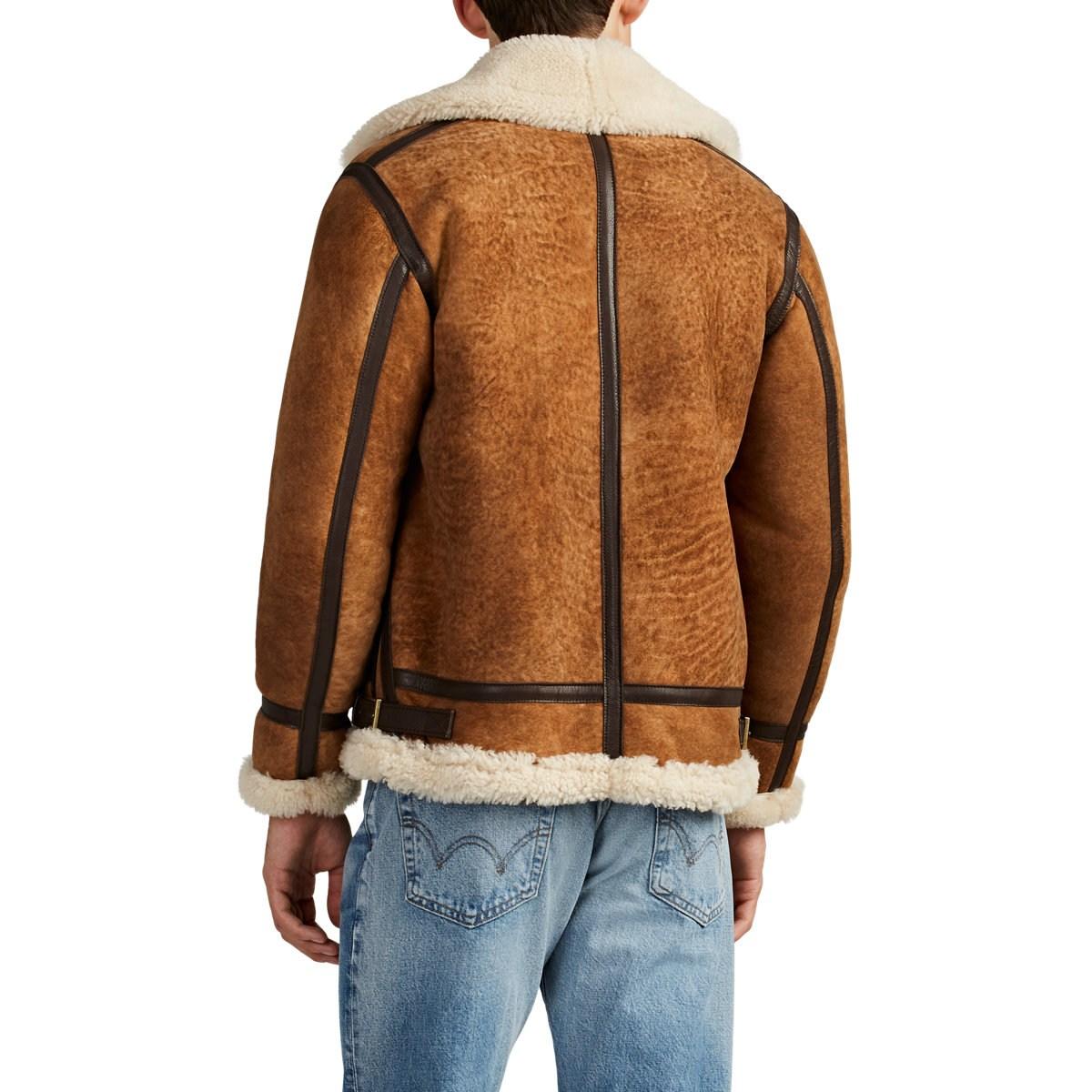 Barneys New York Brown Leather Trimmed Shearling Aviator Jacket For Men