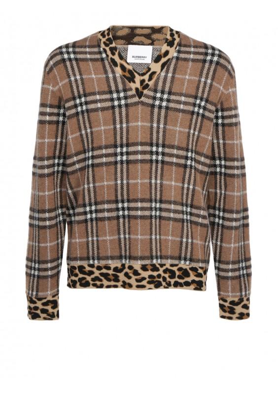 Burberry Cashmere Tartan Pull With Leopard Print in Brown,Black 