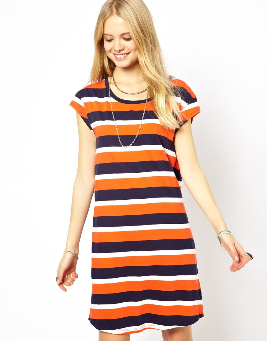 orange and blue striped dress