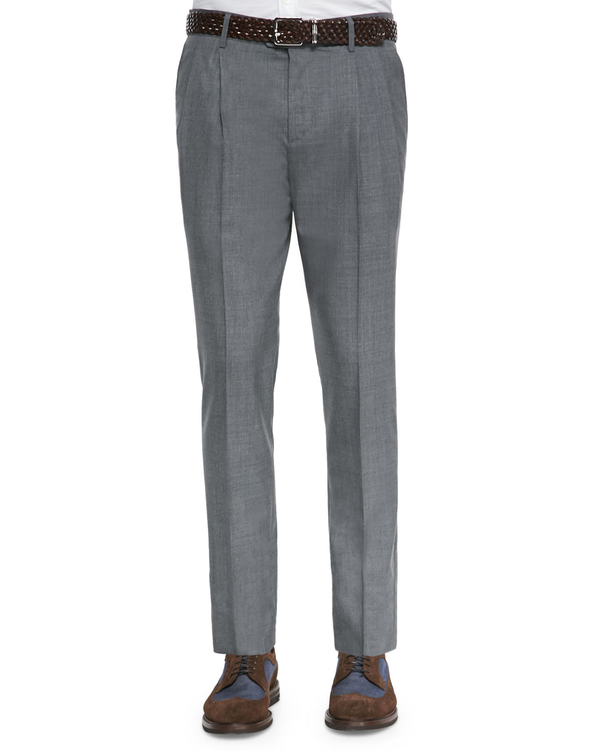 Brunello Cucinelli Double-Pleated Wool Trousers in Gray for Men | Lyst