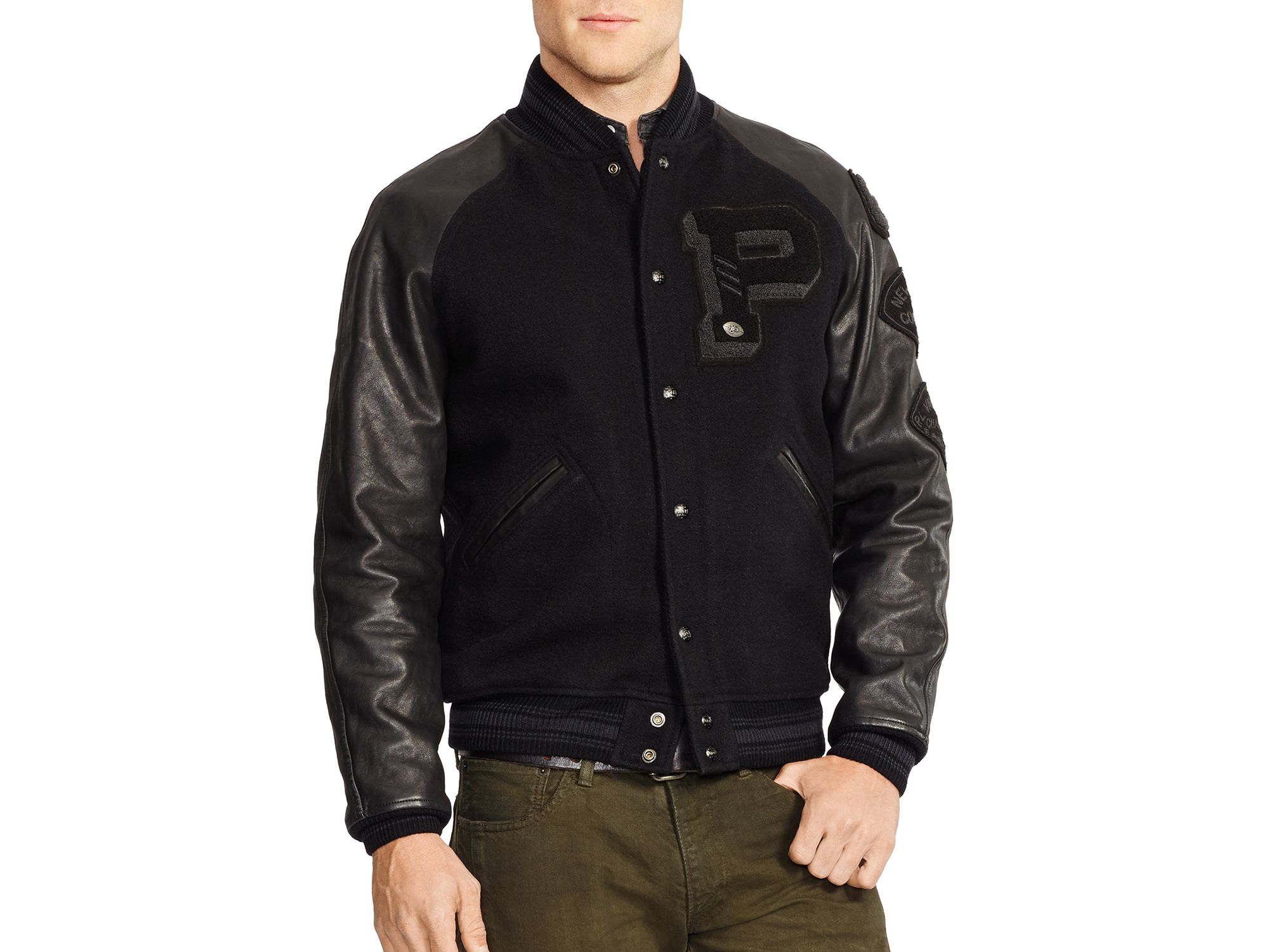 polo ralph lauren leather sleeve varsity jacket
