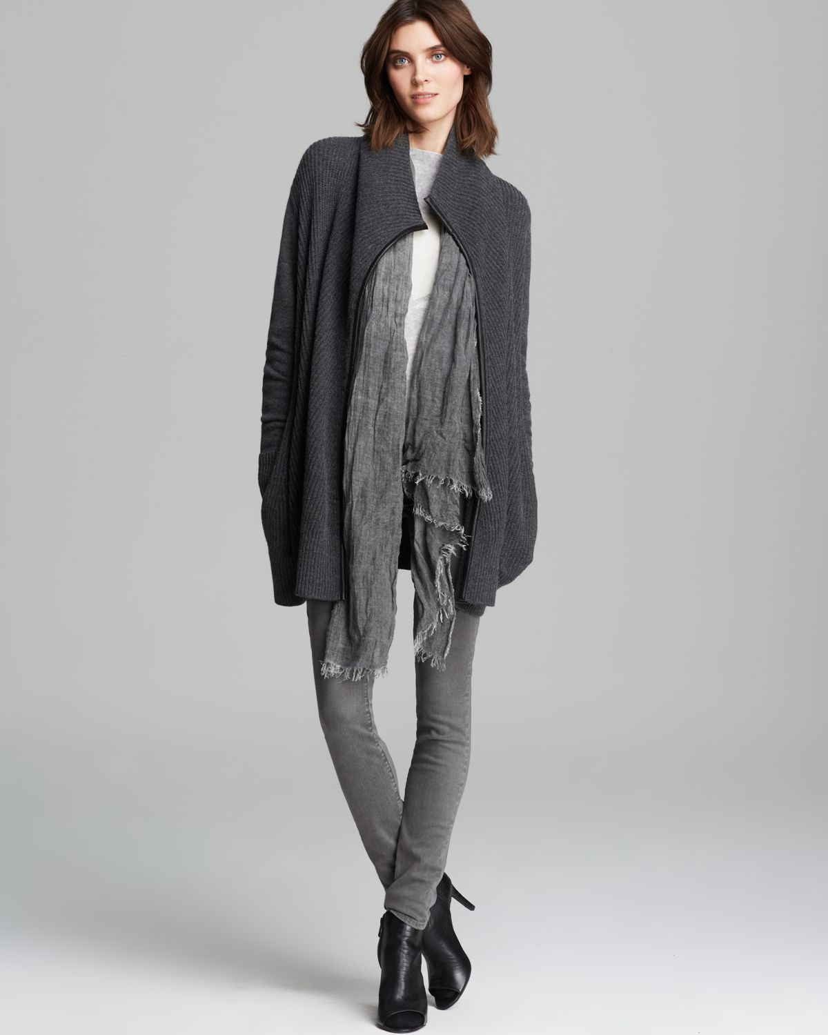 Vince Cardigan Leather Trim Drape in Gray - Lyst