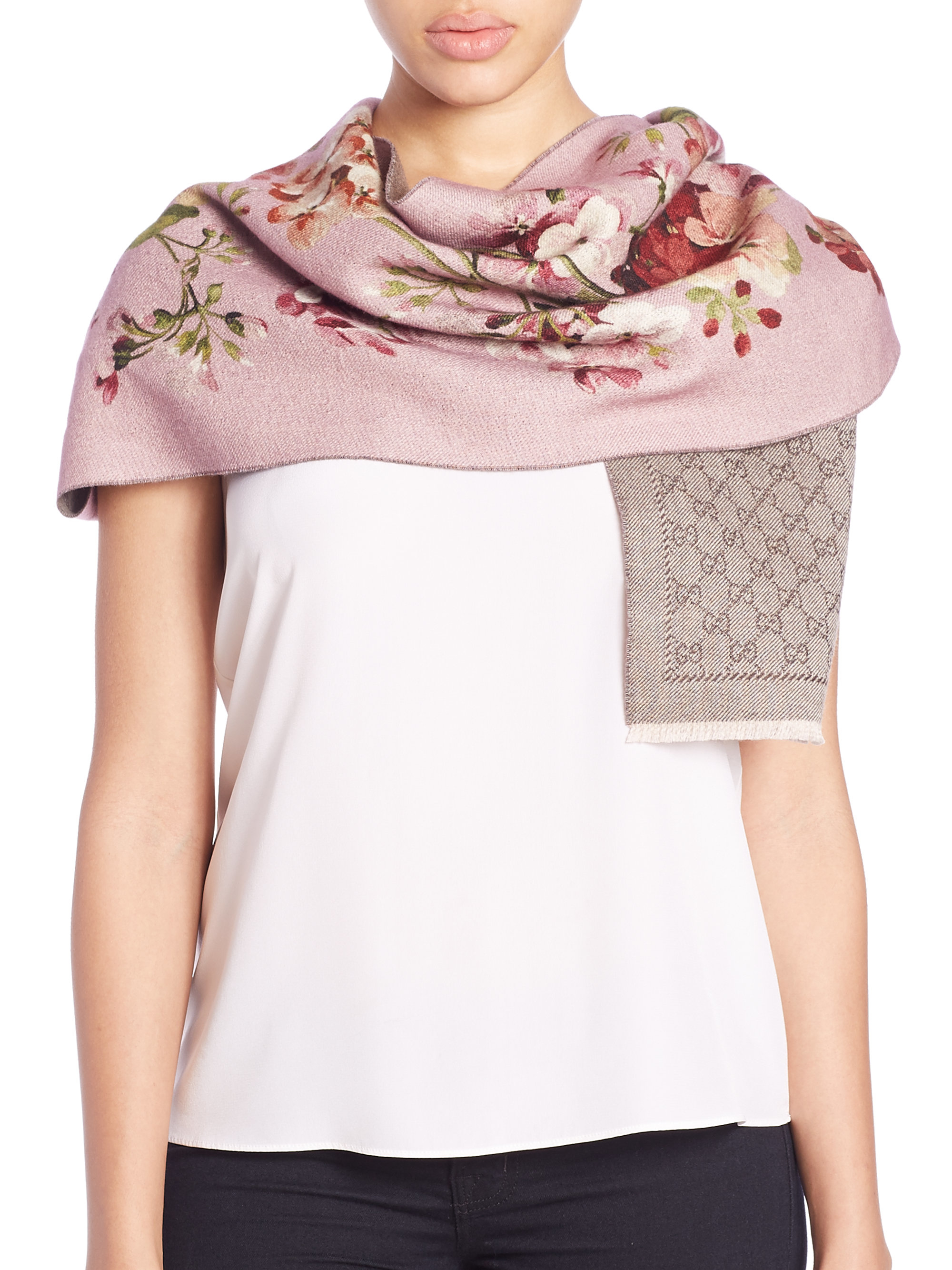 Gucci Floral Wool Orophin Scarf in Pink - Lyst