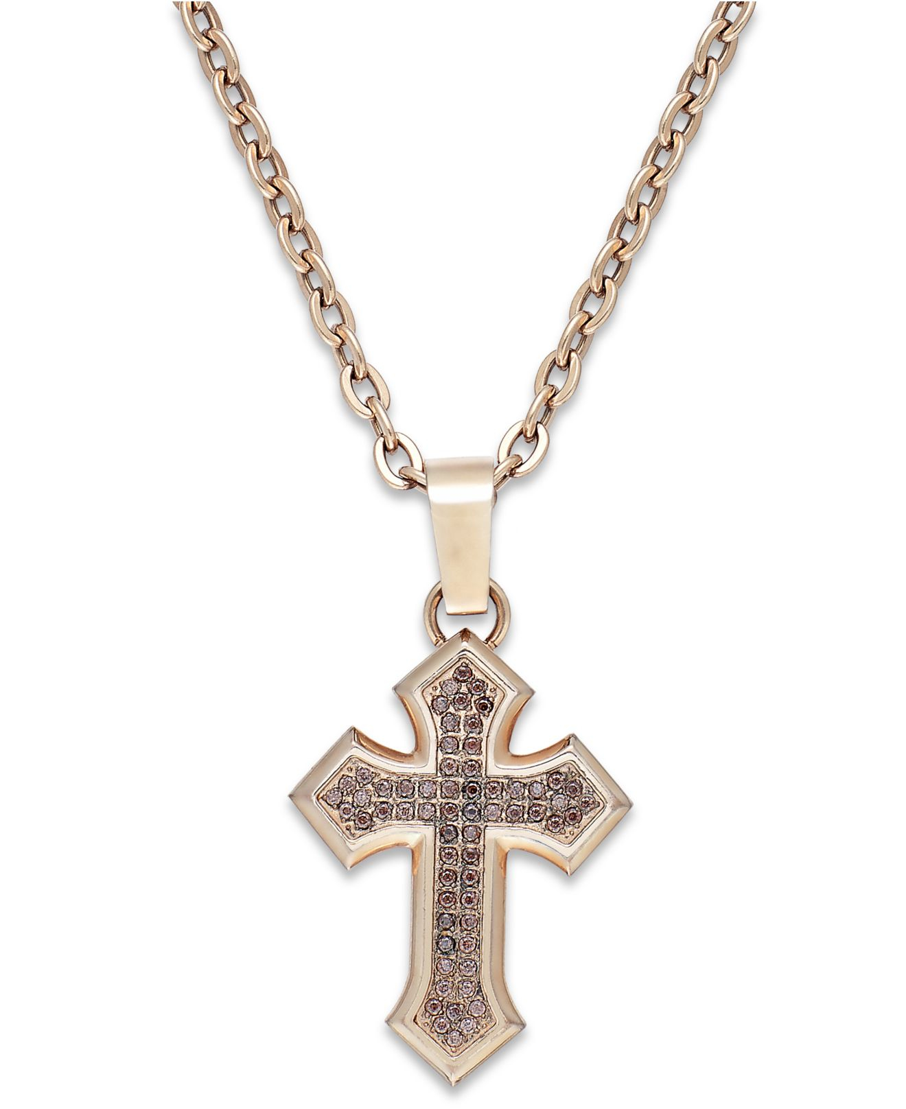 Macy's Men's Cognac Diamond Cross Pendant Necklace In Stainless Steel