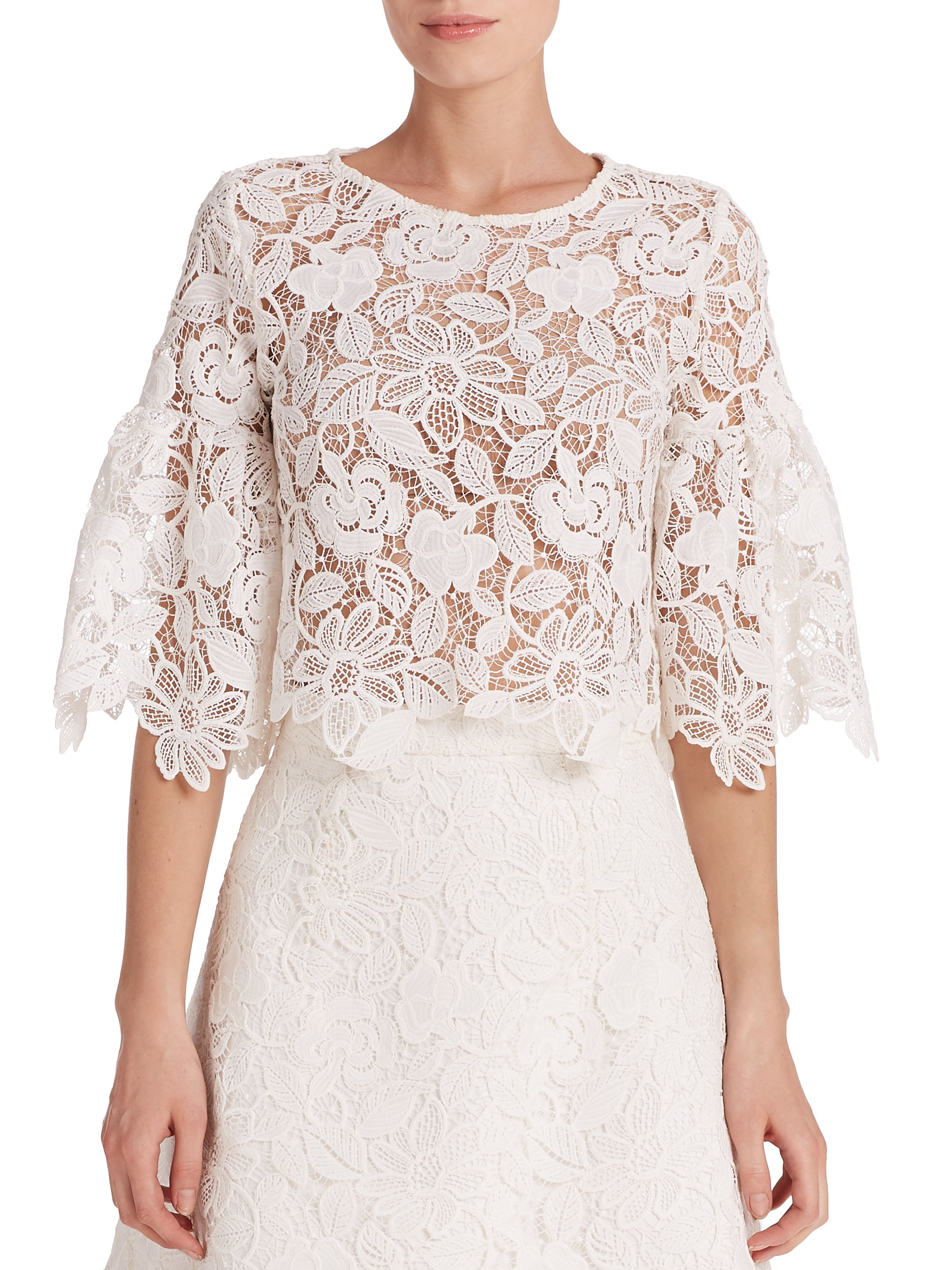 Alexis Valery Lace Bell-Sleeve Cropped Top in White Lace (White) - Lyst