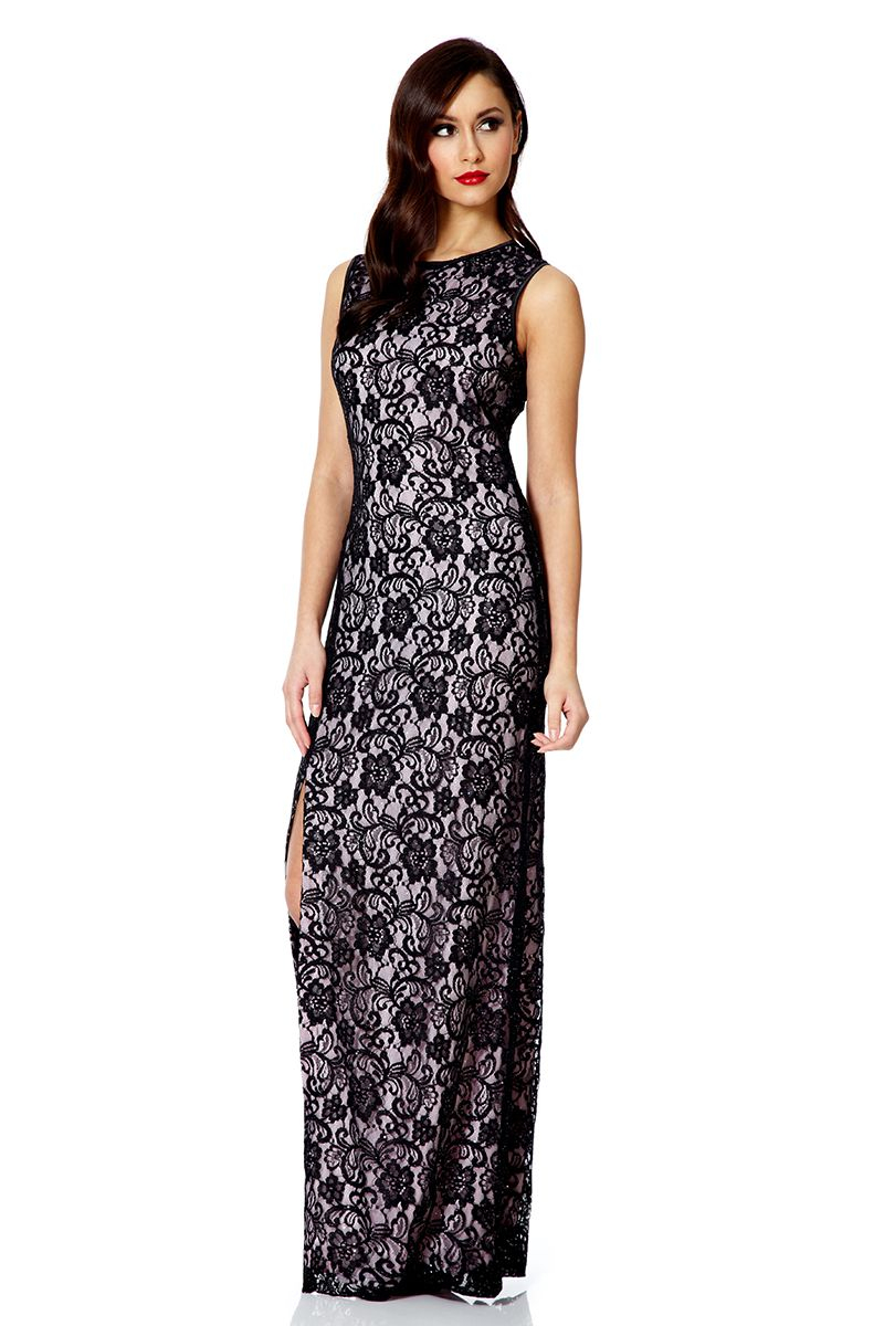 Quiz Black And Pink Lace Split Maxi Dress in Pink (Multi-Coloured) | Lyst