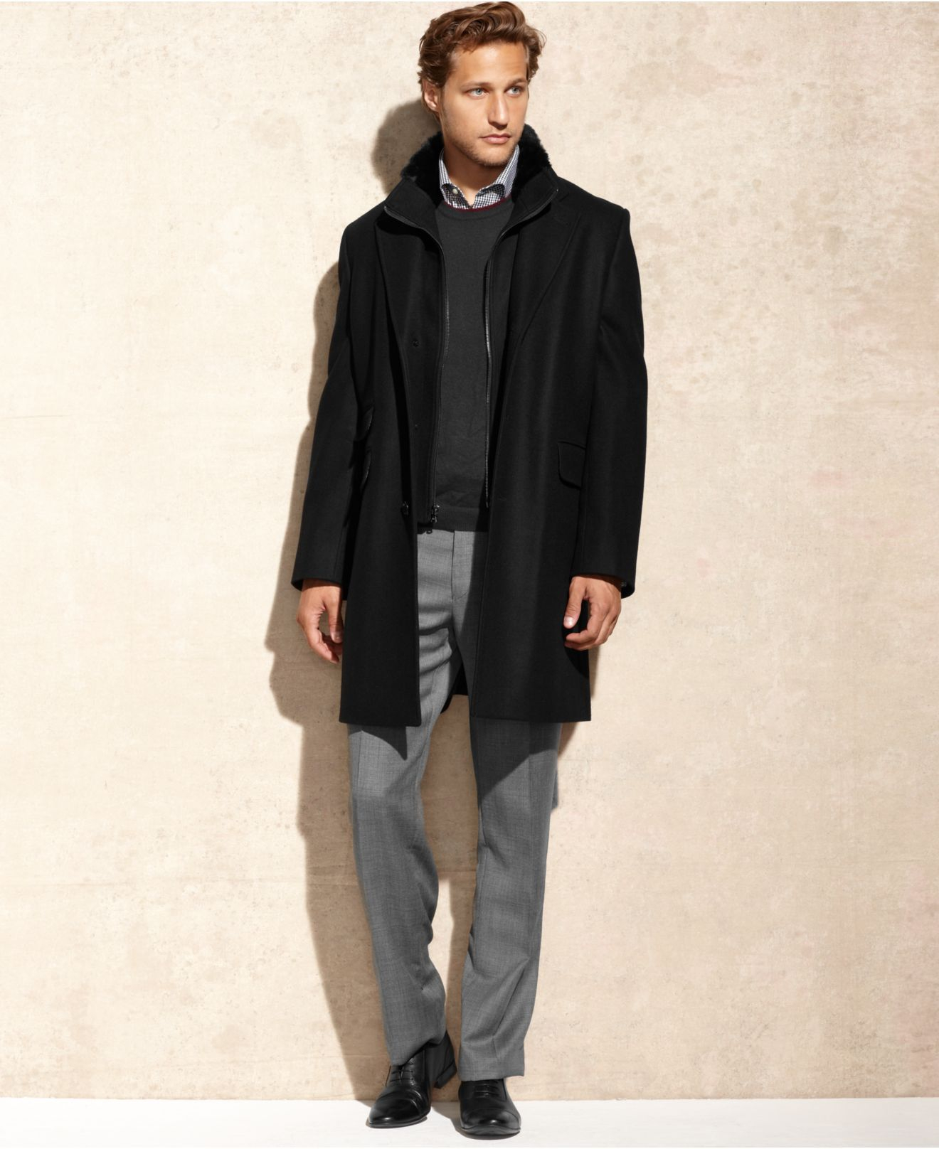 Lyst - Michael Kors Michael Wool-Blend With Faux Fur Trim Overcoat in Black for Men