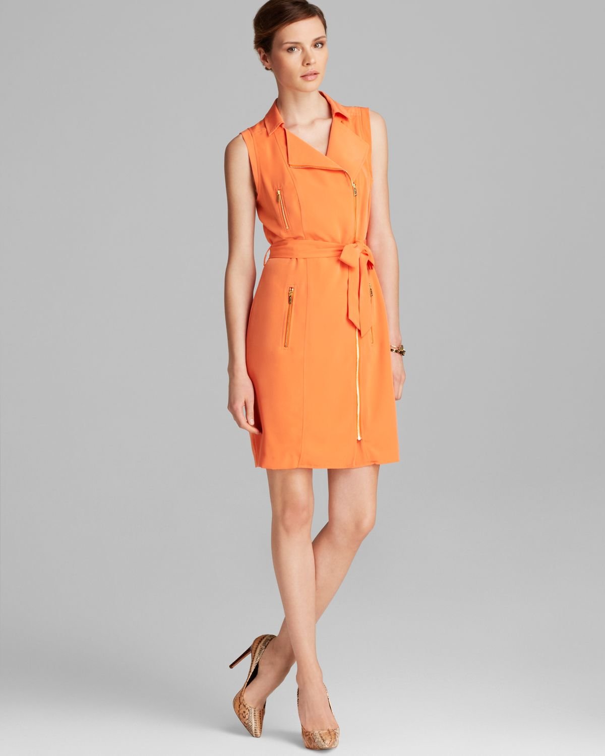 Lyst Calvin Klein Moto Zip Dress in Orange
