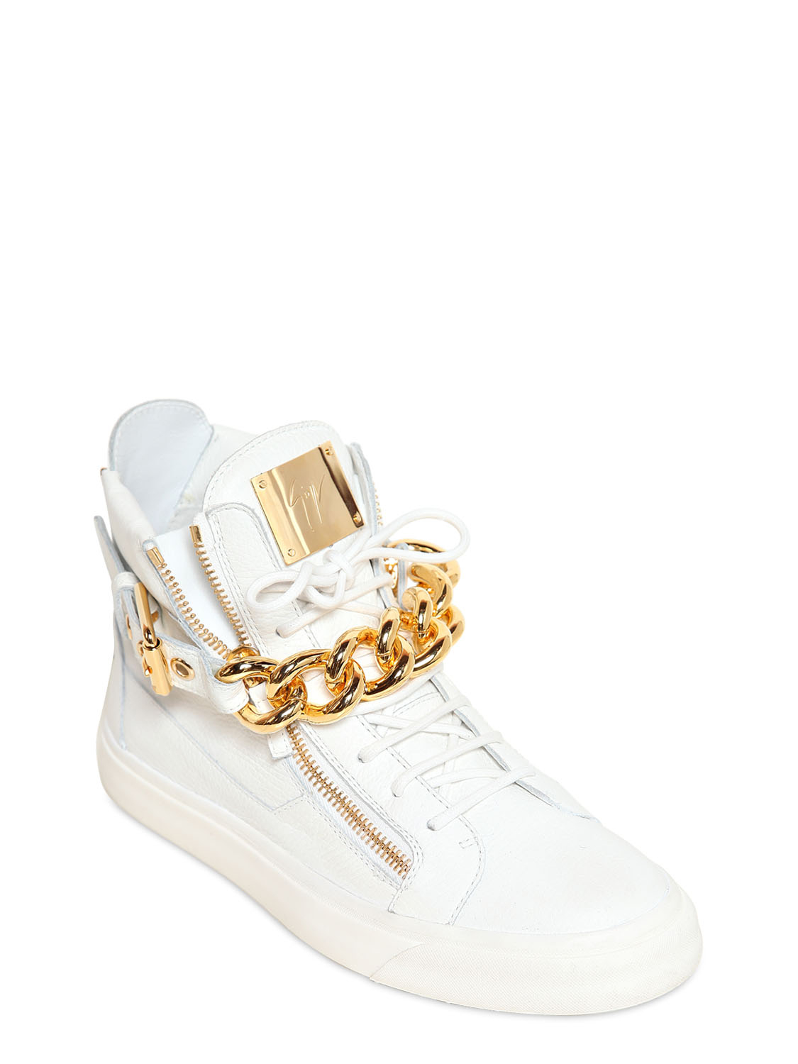 Giuseppe Zanotti Metal Chain Leather High Top Sneakers in White for Men |  Lyst
